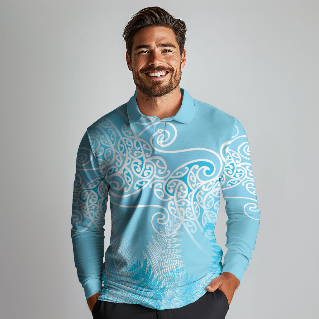 Aotearoa Maori Koru Curves Long Sleeve Polo Shirt Silver Ferns - Turquoise
