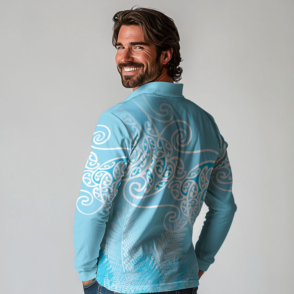Aotearoa Maori Koru Curves Long Sleeve Polo Shirt Silver Ferns - Turquoise