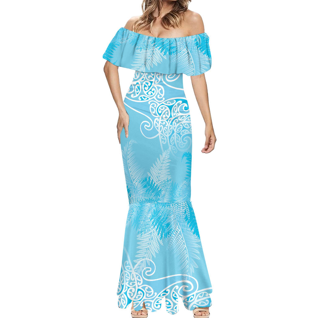 Aotearoa Maori Koru Curves Mermaid Dress Silver Ferns - Turquoise
