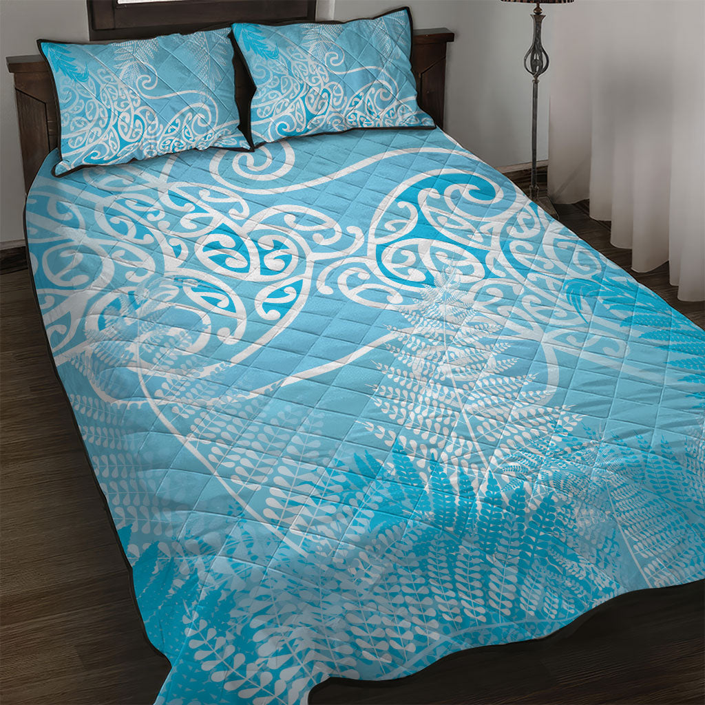 Aotearoa Maori Koru Curves Quilt Bed Set Silver Ferns - Turquoise
