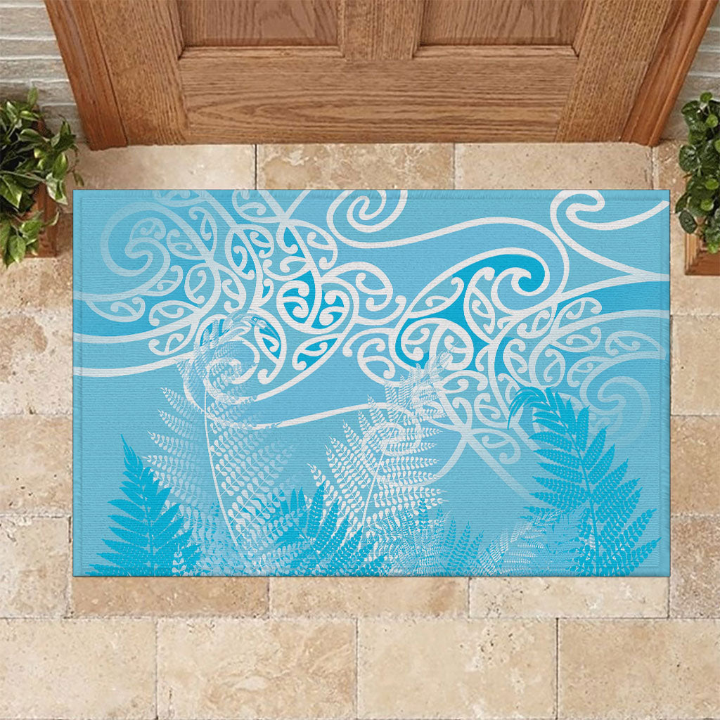 Aotearoa Maori Koru Curves Rubber Doormat Silver Ferns - Turquoise