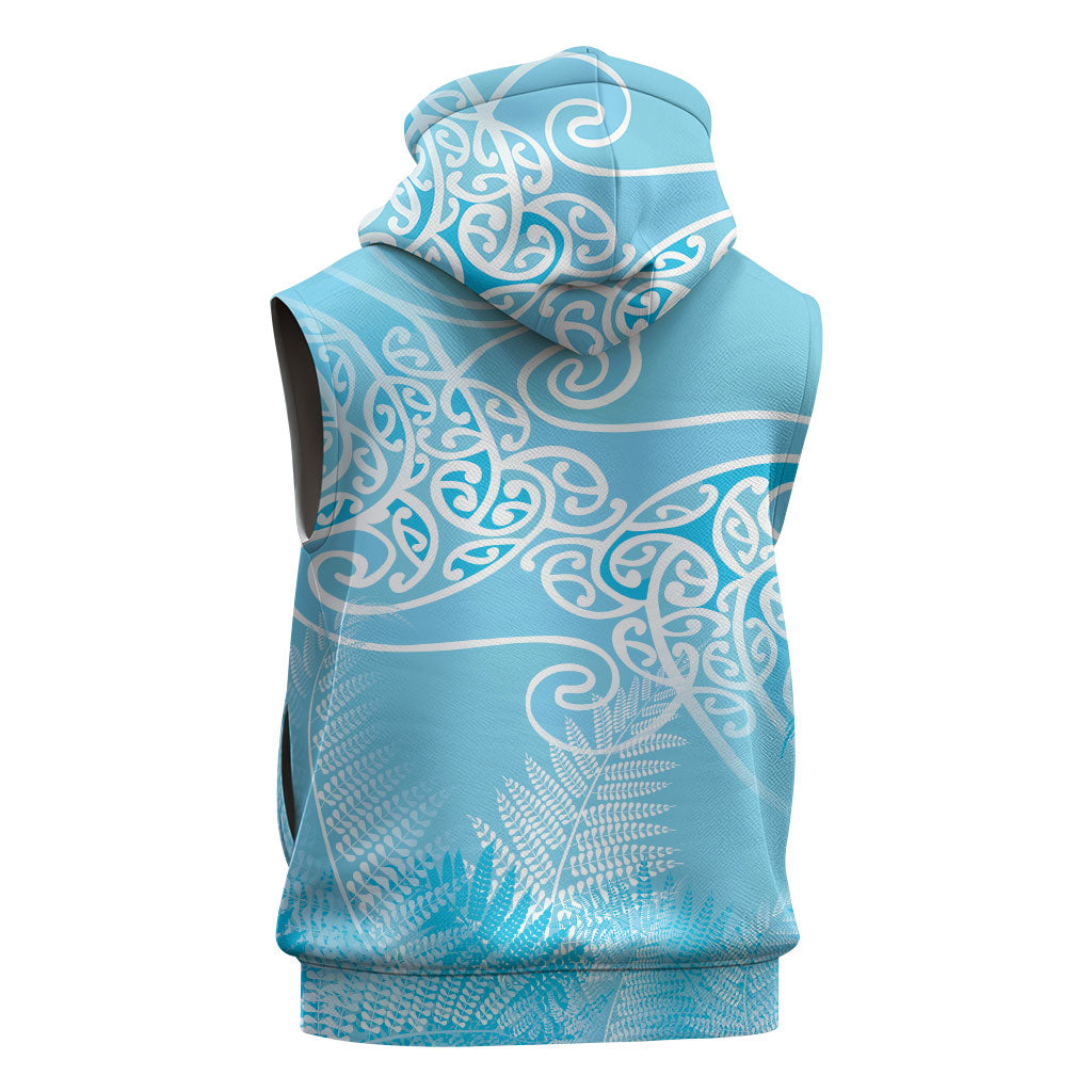 Aotearoa Maori Koru Curves Sleeveless Hoodie Silver Ferns - Turquoise