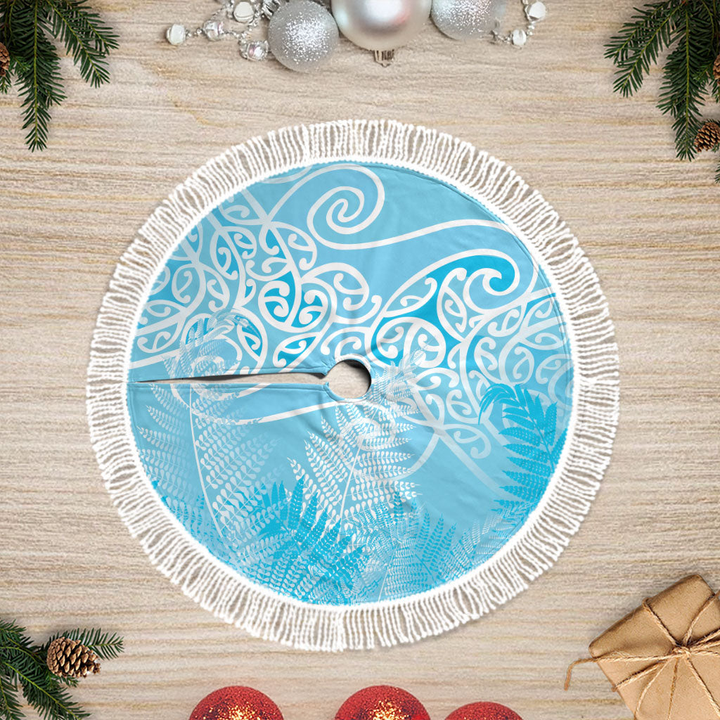 Aotearoa Maori Koru Curves Tree Skirt Silver Ferns - Turquoise LT7 Fringed Turquoise - Polynesian Pride