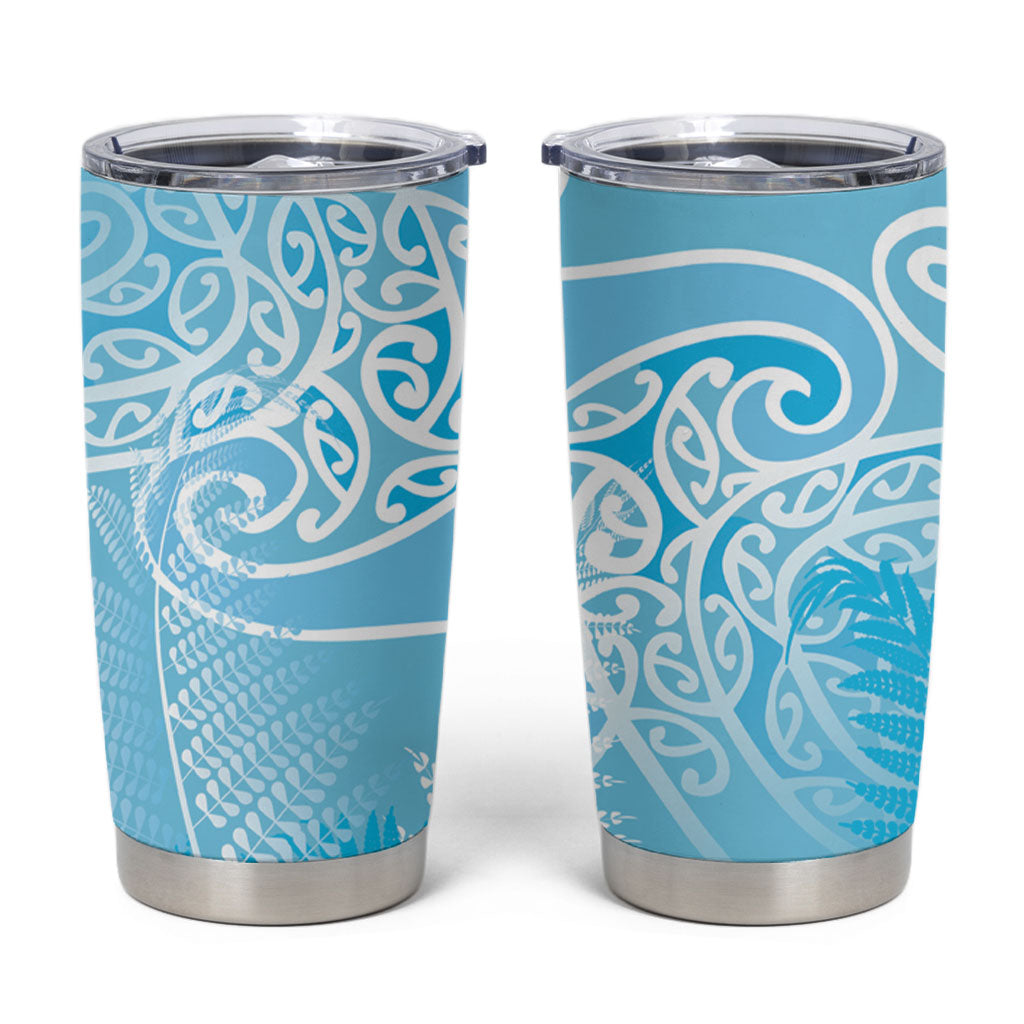 Aotearoa Maori Koru Curves Tumbler Cup Silver Ferns - Turquoise