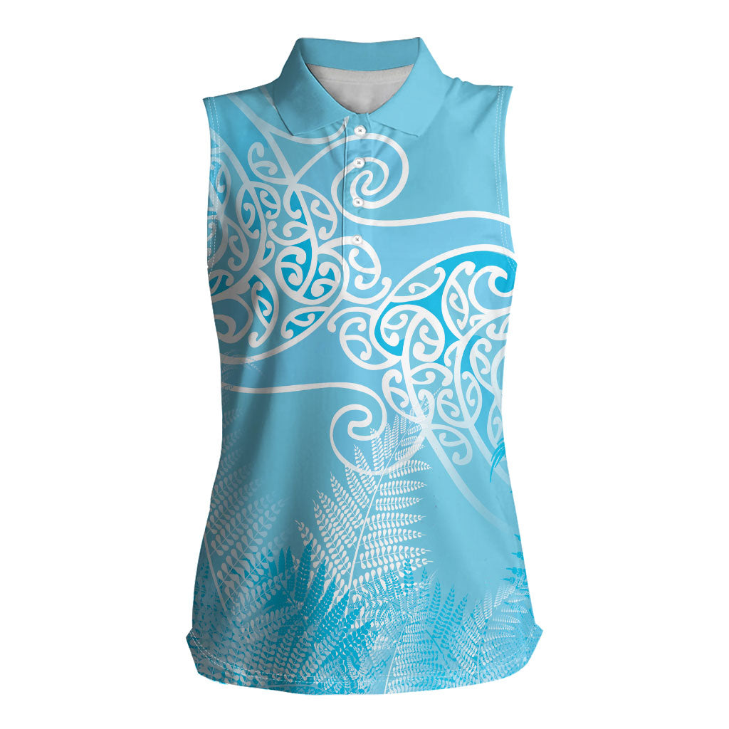 Aotearoa Maori Koru Curves Women Sleeveless Polo Shirt Silver Ferns - Turquoise LT7 Female Turquoise - Polynesian Pride