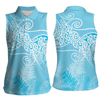Aotearoa Maori Koru Curves Women Sleeveless Polo Shirt Silver Ferns - Turquoise LT7 - Polynesian Pride