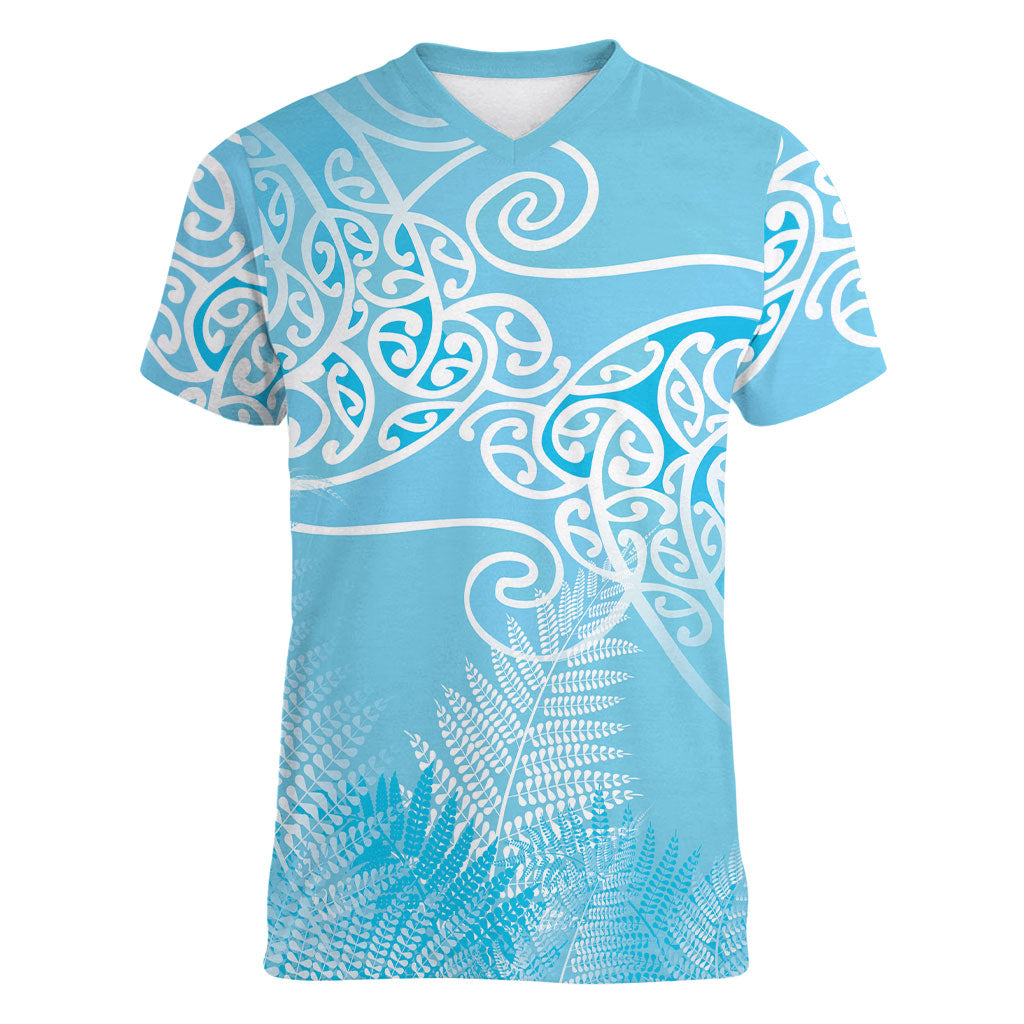Aotearoa Maori Koru Curves Women V-Neck T-Shirt Silver Ferns - Turquoise LT7 Female Turquoise - Polynesian Pride