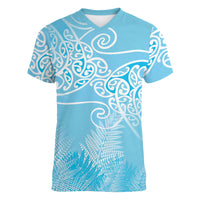 Aotearoa Maori Koru Curves Women V-Neck T-Shirt Silver Ferns - Turquoise LT7 Female Turquoise - Polynesian Pride
