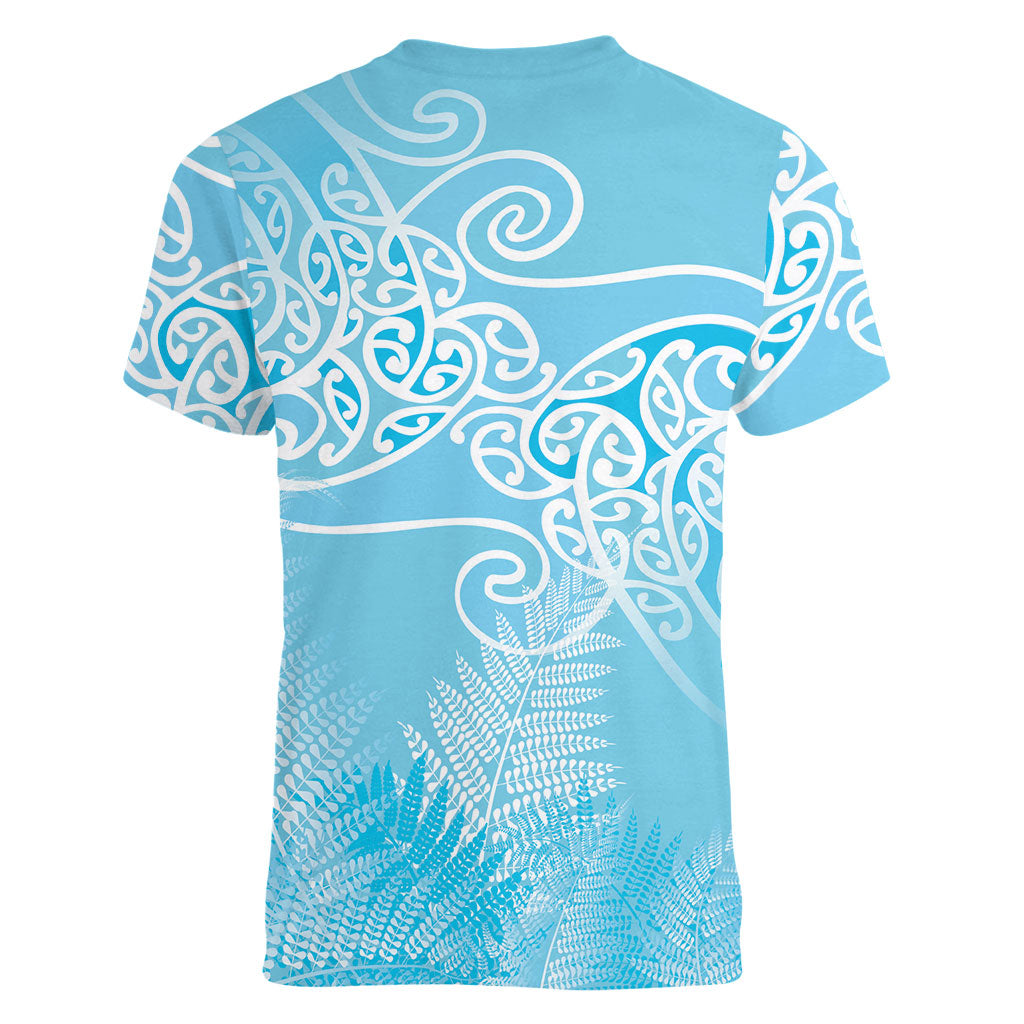 Aotearoa Maori Koru Curves Women V-Neck T-Shirt Silver Ferns - Turquoise LT7 - Polynesian Pride