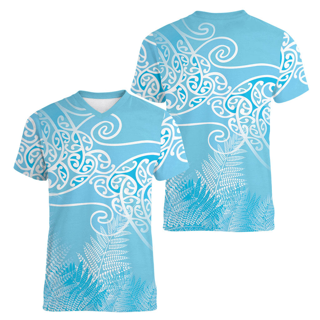 Aotearoa Maori Koru Curves Women V-Neck T-Shirt Silver Ferns - Turquoise LT7 - Polynesian Pride