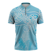 Aotearoa Maori Koru Curves Zipper Polo Shirt Silver Ferns - Turquoise LT7 Turquoise - Polynesian Pride