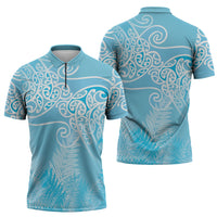 Aotearoa Maori Koru Curves Zipper Polo Shirt Silver Ferns - Turquoise LT7 - Polynesian Pride