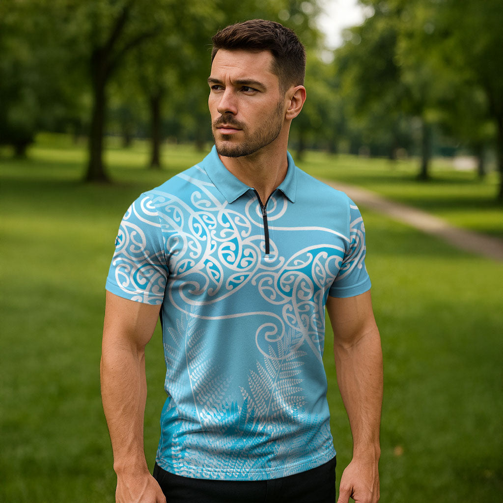 Aotearoa Maori Koru Curves Zipper Polo Shirt Silver Ferns - Turquoise LT7 - Polynesian Pride