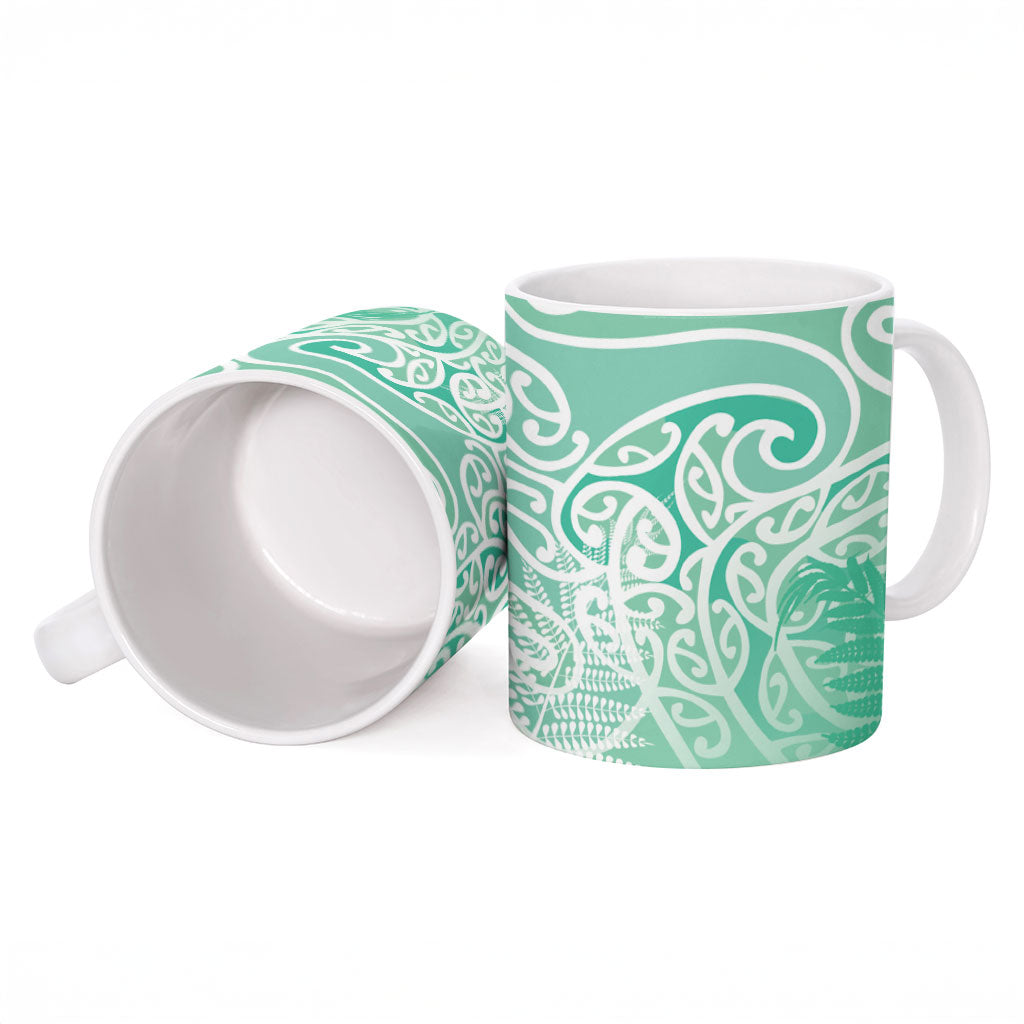 Aotearoa Maori Koru Curves Ceramic Mug Silver Ferns - Mint