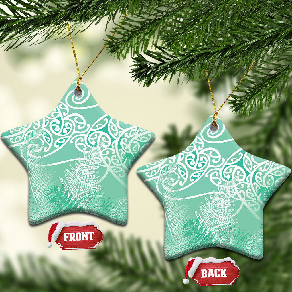 Aotearoa Maori Koru Curves Ceramic Ornament Silver Ferns - Mint LT7 Star Mint Green - Polynesian Pride