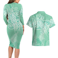 Aotearoa Maori Koru Curves Couples Matching Long Sleeve Bodycon Dress and Hawaiian Shirt Silver Ferns - Mint LT7 - Polynesian Pride