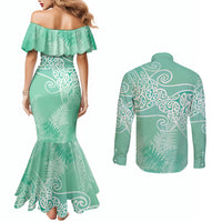 Aotearoa Maori Koru Curves Couples Matching Mermaid Dress and Long Sleeve Button Shirt Silver Ferns - Mint LT7 - Polynesian Pride