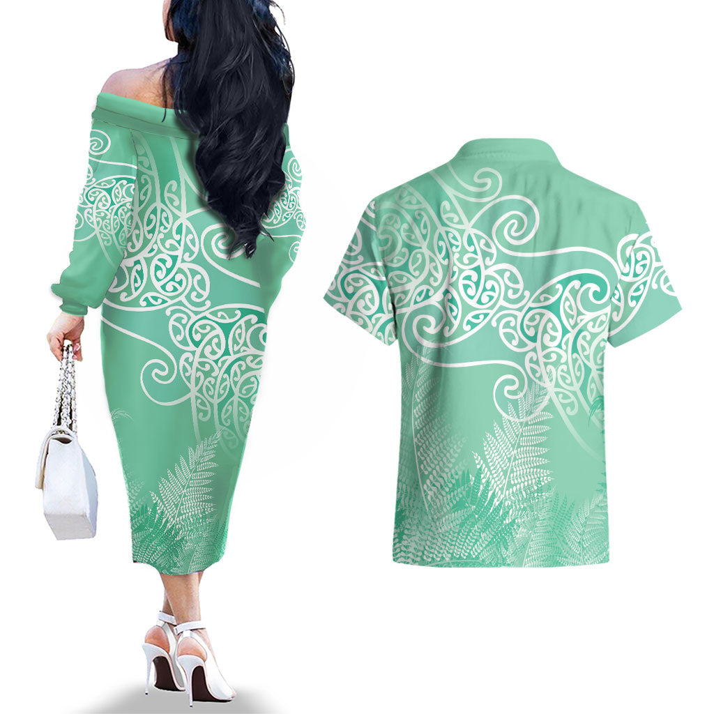 Aotearoa Maori Koru Curves Couples Matching Off The Shoulder Long Sleeve Dress and Hawaiian Shirt Silver Ferns - Mint LT7 - Polynesian Pride