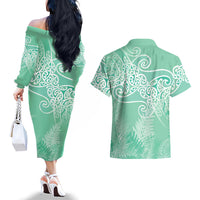 Aotearoa Maori Koru Curves Couples Matching Off The Shoulder Long Sleeve Dress and Hawaiian Shirt Silver Ferns - Mint LT7 - Polynesian Pride
