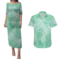 Aotearoa Maori Koru Curves Couples Matching Puletasi and Hawaiian Shirt Silver Ferns - Mint