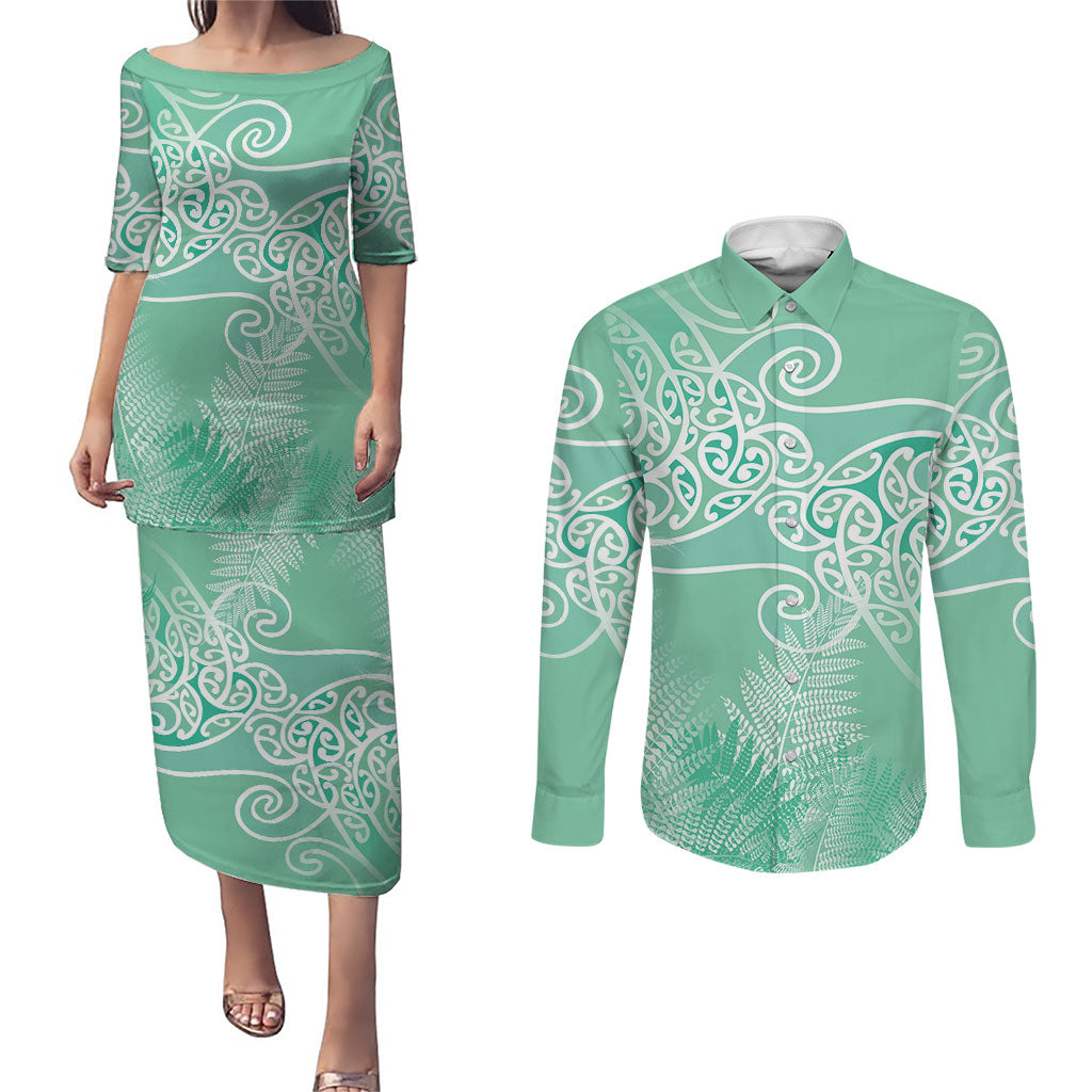 Aotearoa Maori Koru Curves Couples Matching Puletasi and Long Sleeve Button Shirt Silver Ferns - Mint