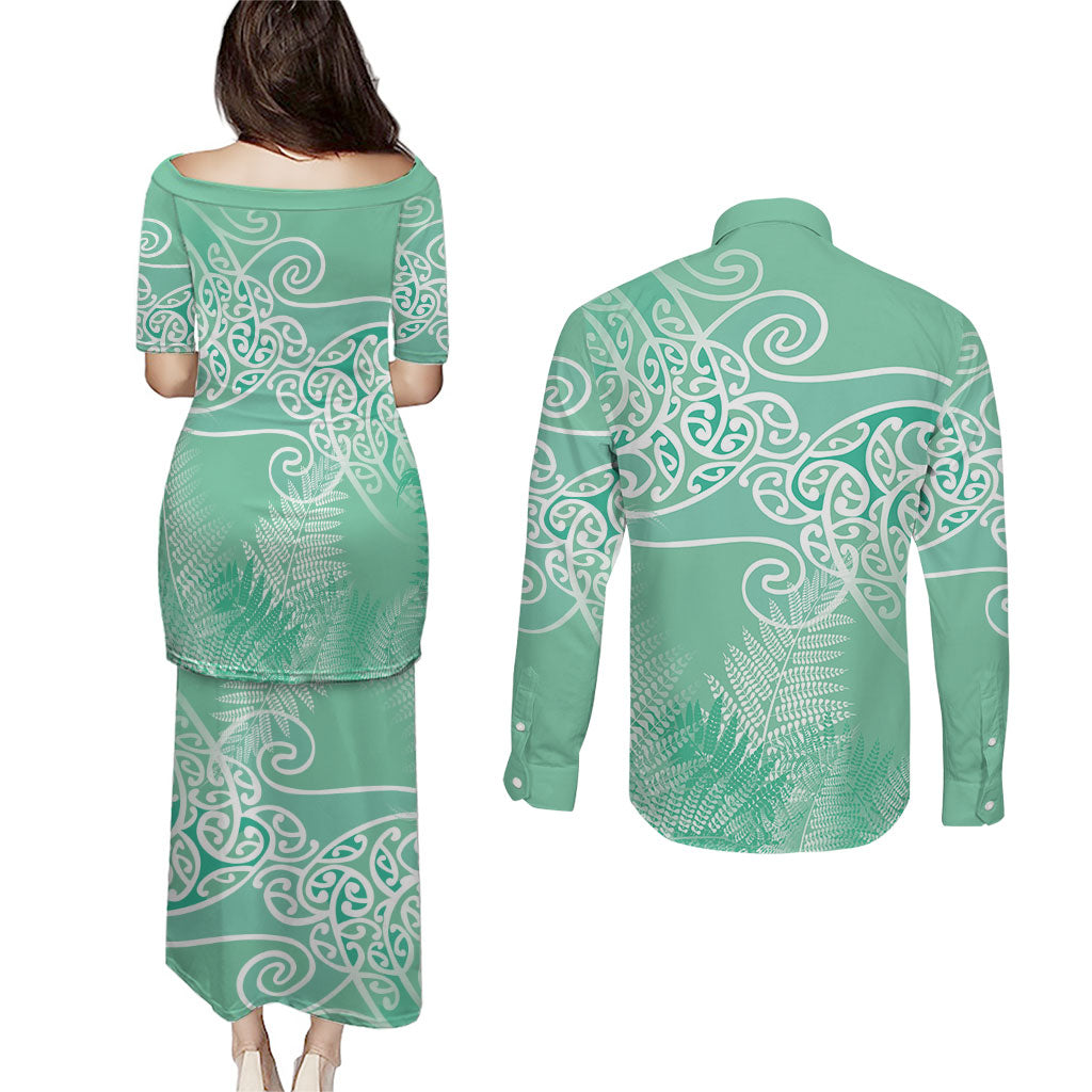 Aotearoa Maori Koru Curves Couples Matching Puletasi and Long Sleeve Button Shirt Silver Ferns - Mint