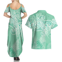 Aotearoa Maori Koru Curves Couples Matching Summer Maxi Dress and Hawaiian Shirt Silver Ferns - Mint LT7 - Polynesian Pride