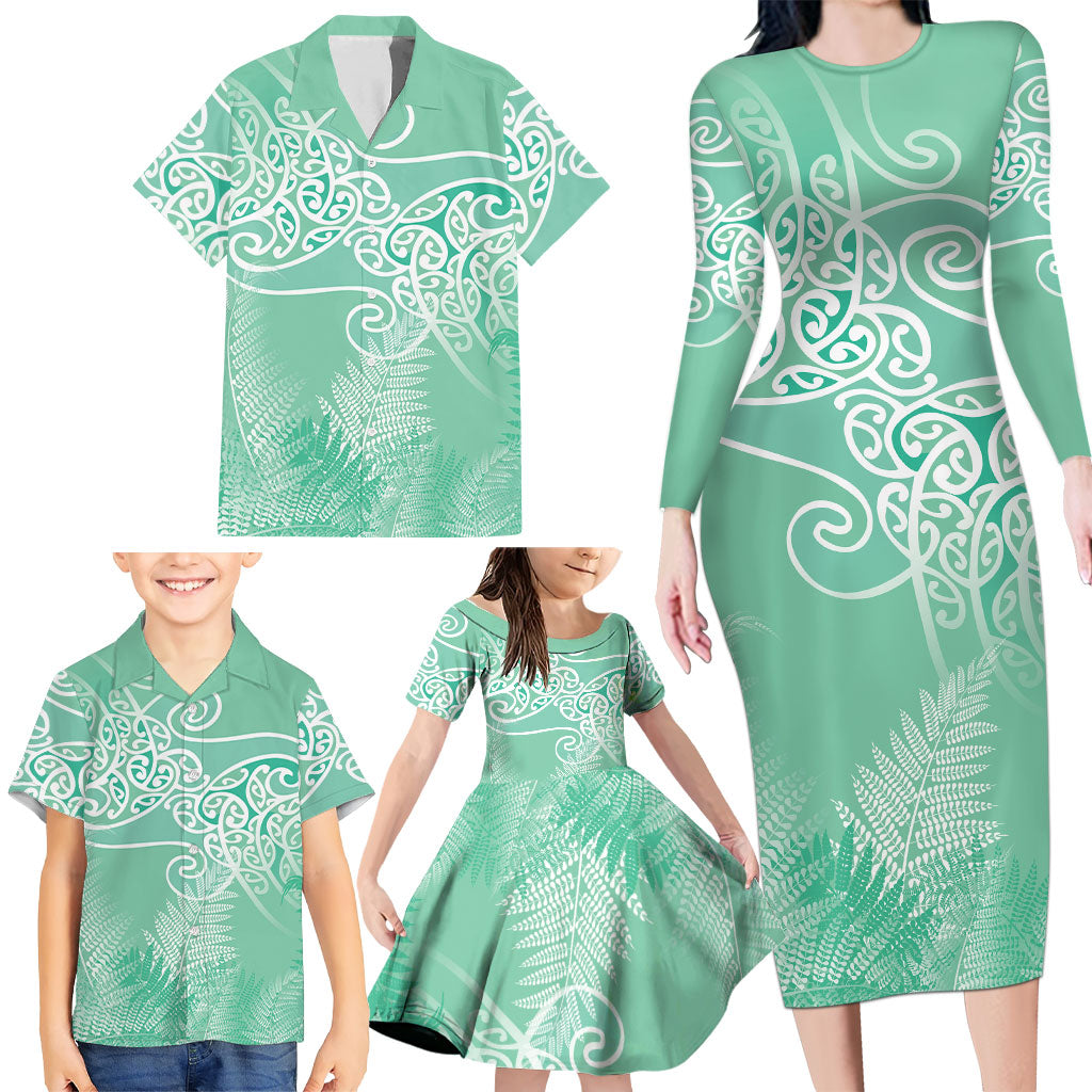 Aotearoa Maori Koru Curves Family Matching Long Sleeve Bodycon Dress and Hawaiian Shirt Silver Ferns - Mint