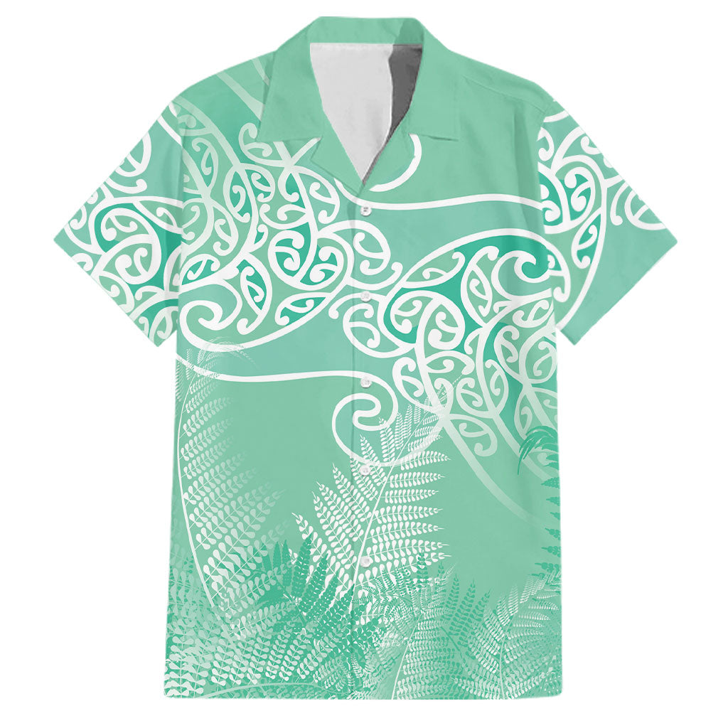 Aotearoa Maori Koru Curves Family Matching Mermaid Dress and Hawaiian Shirt Silver Ferns - Mint LT7 Dad's Shirt - Short Sleeve Mint Green - Polynesian Pride