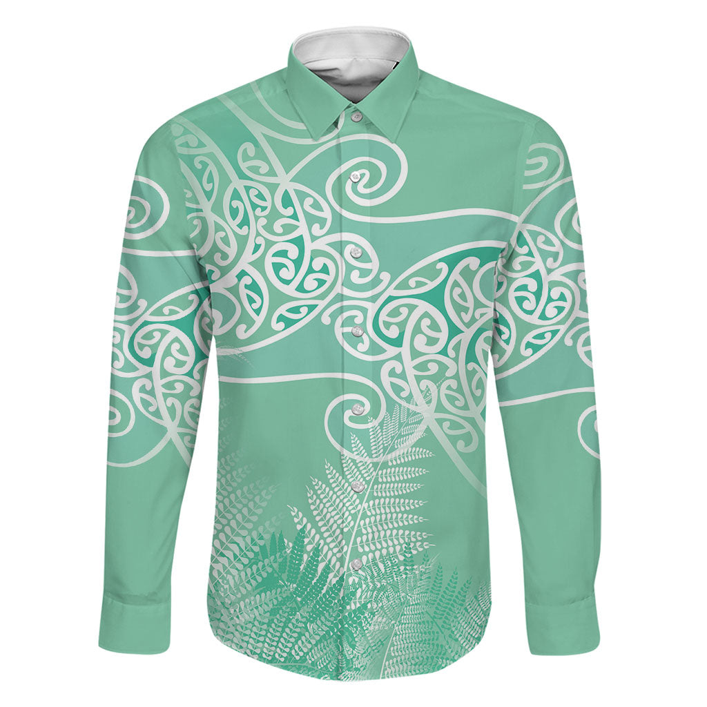 Aotearoa Maori Koru Curves Family Matching Mermaid Dress and Hawaiian Shirt Silver Ferns - Mint LT7 Dad's Shirt - Long Sleeve Mint Green - Polynesian Pride