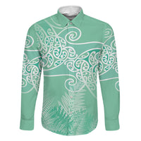 Aotearoa Maori Koru Curves Family Matching Off The Shoulder Long Sleeve Dress and Hawaiian Shirt Silver Ferns - Mint LT7 Dad's Shirt - Long Sleeve Mint Green - Polynesian Pride