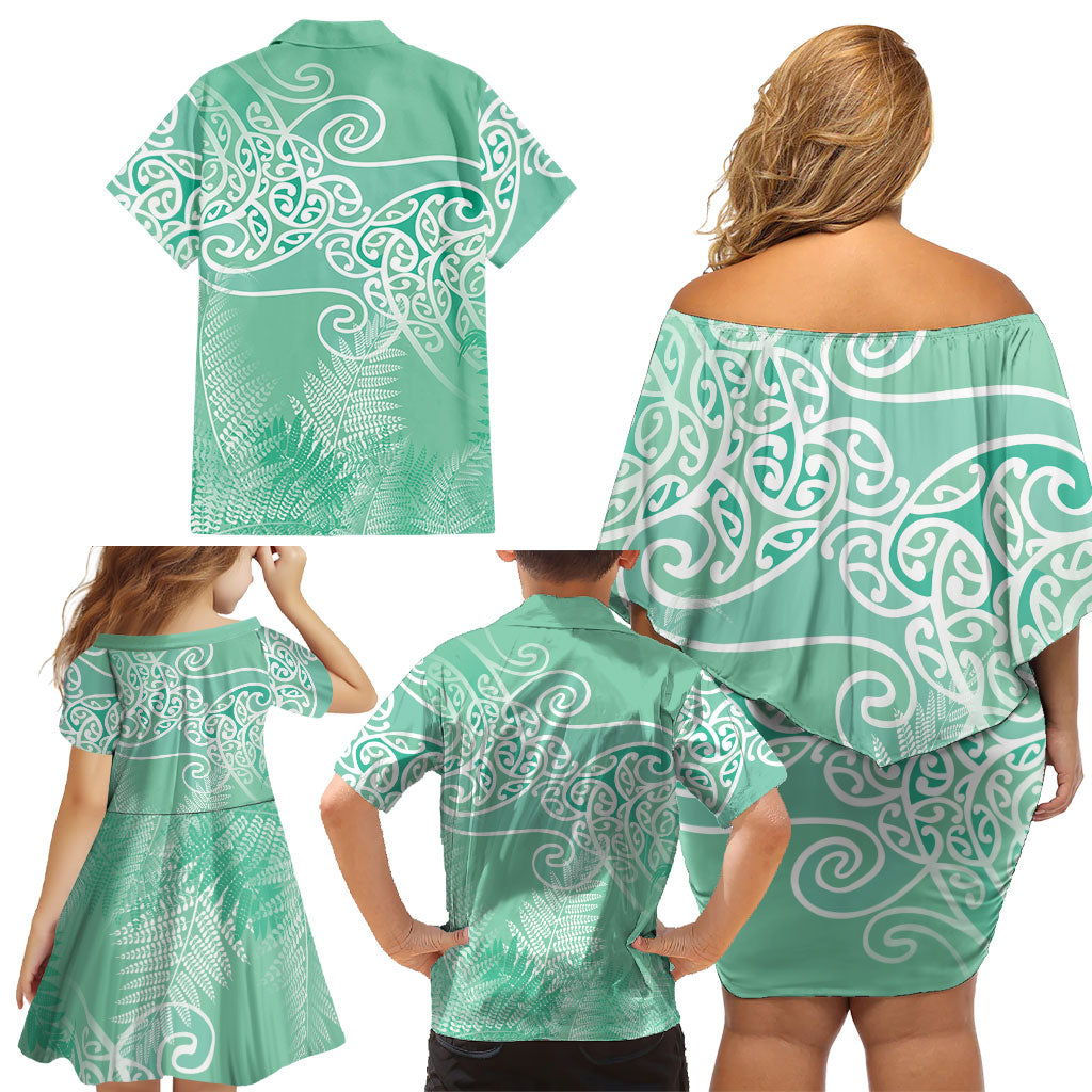 Aotearoa Maori Koru Curves Family Matching Off Shoulder Short Dress and Hawaiian Shirt Silver Ferns - Mint LT7 - Polynesian Pride