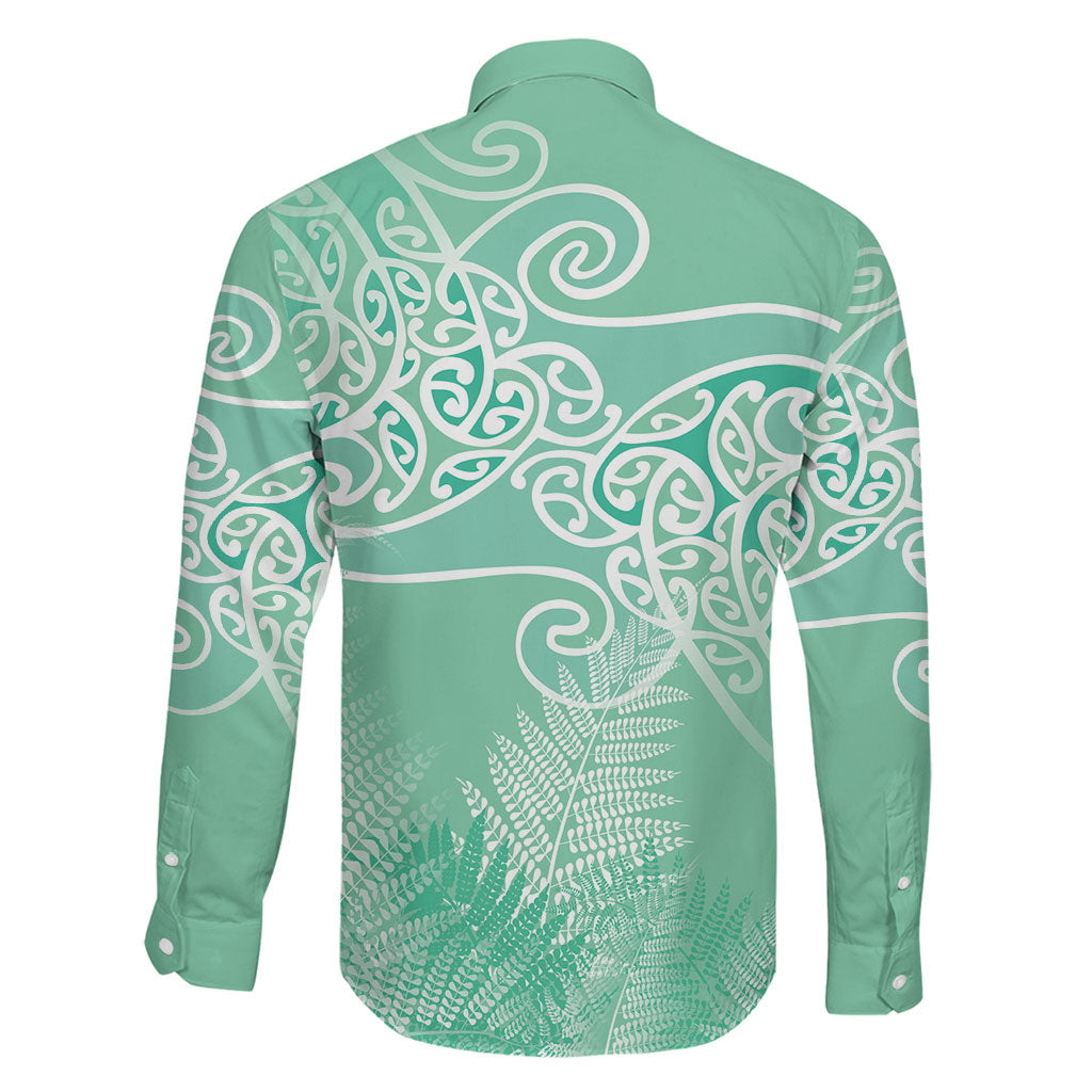 Aotearoa Maori Koru Curves Family Matching Off Shoulder Short Dress and Hawaiian Shirt Silver Ferns - Mint LT7 - Polynesian Pride