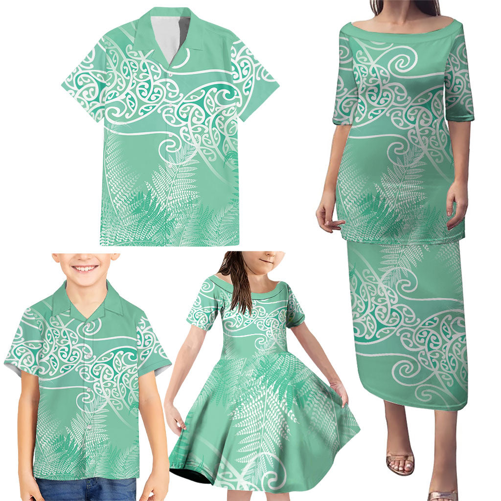 Aotearoa Maori Koru Curves Family Matching Puletasi and Hawaiian Shirt Silver Ferns - Mint LT7 - Polynesian Pride