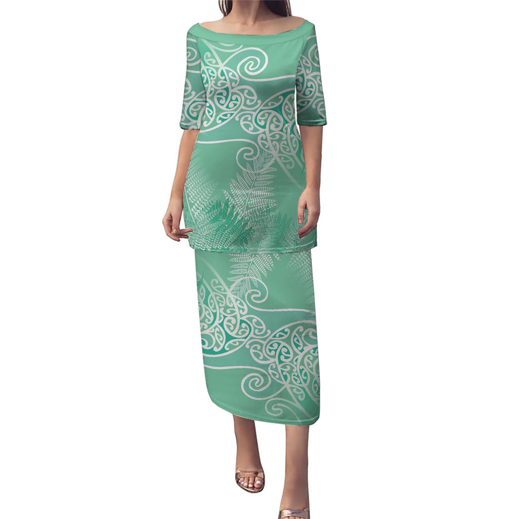 Aotearoa Maori Koru Curves Family Matching Puletasi and Hawaiian Shirt Silver Ferns - Mint LT7 Mom's Dress Mint Green - Polynesian Pride