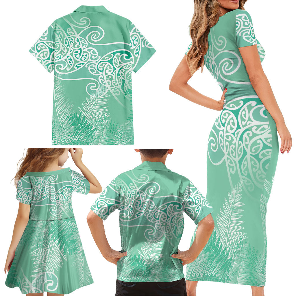 Aotearoa Maori Koru Curves Family Matching Short Sleeve Bodycon Dress and Hawaiian Shirt Silver Ferns - Mint LT7 - Polynesian Pride