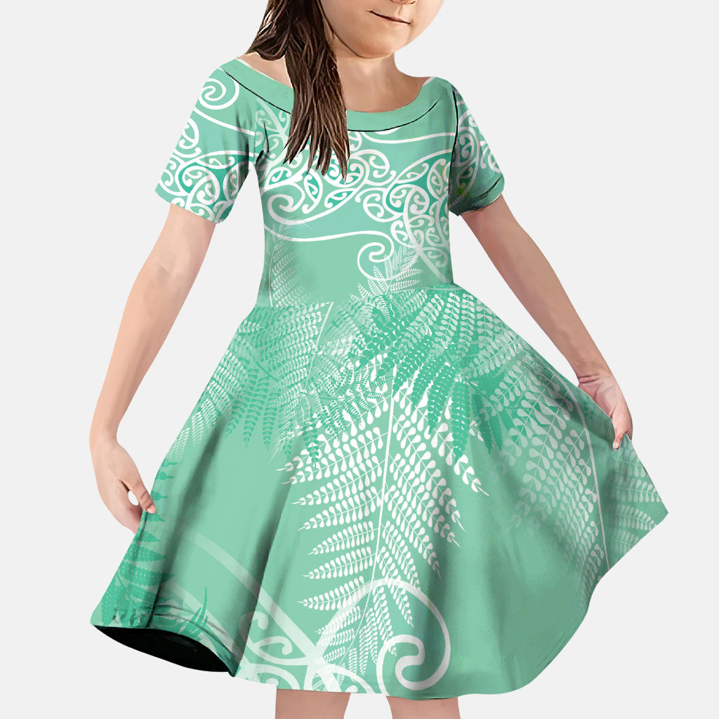 Aotearoa Maori Koru Curves Family Matching Tank Maxi Dress and Hawaiian Shirt Silver Ferns - Mint LT7 Daughter's Dress Mint Green - Polynesian Pride