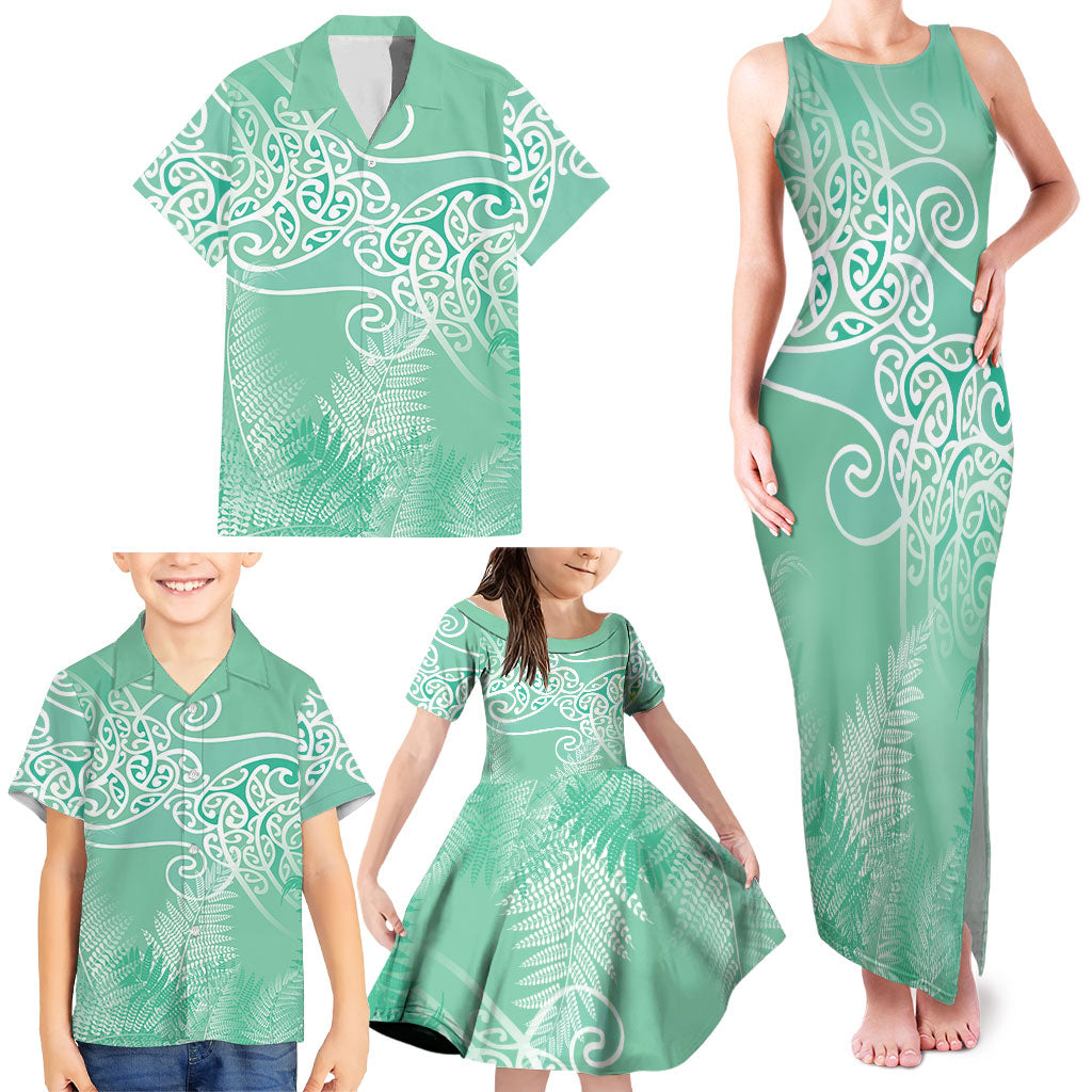 Aotearoa Maori Koru Curves Family Matching Tank Maxi Dress and Hawaiian Shirt Silver Ferns - Mint LT7 - Polynesian Pride