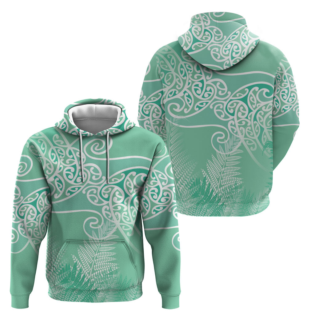 Aotearoa Maori Koru Curves Hoodie Silver Ferns - Mint LT7 - Polynesian Pride