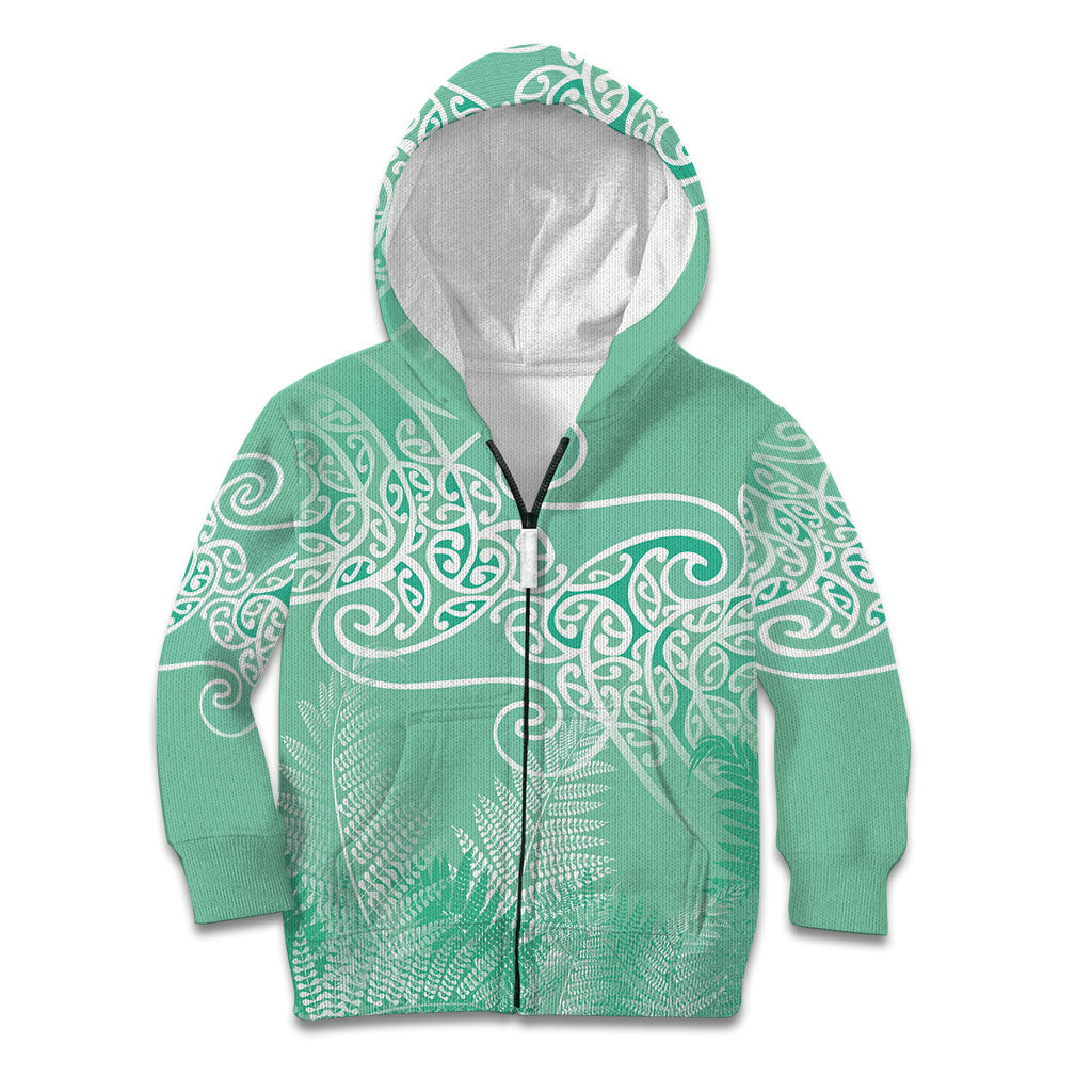 Aotearoa Maori Koru Curves Kid Hoodie Silver Ferns - Mint