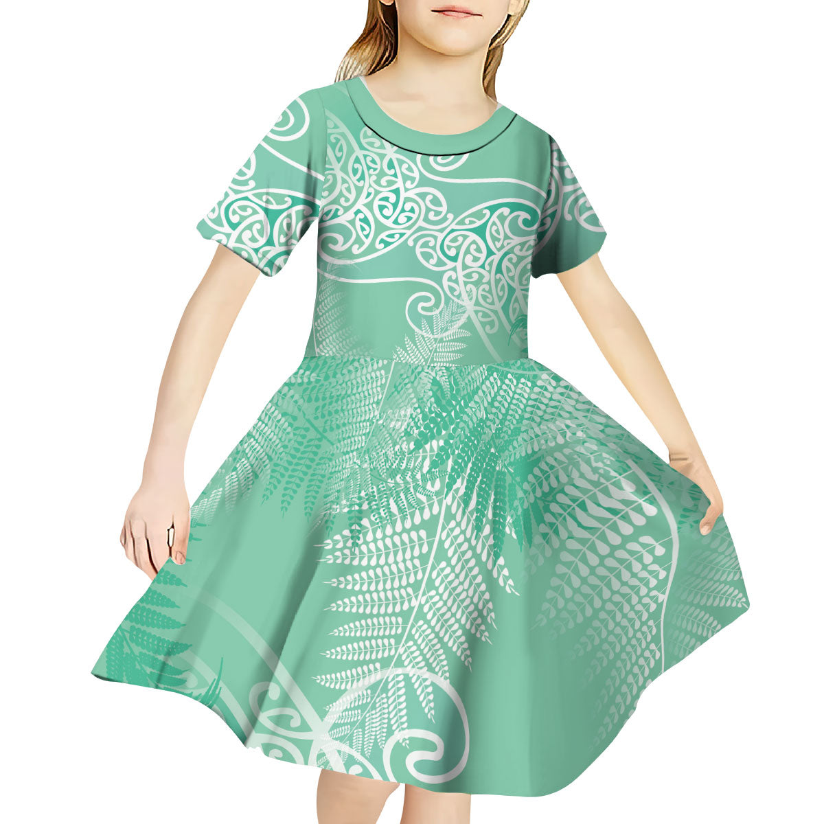 Aotearoa Maori Koru Curves Kid Short Sleeve Dress Silver Ferns - Mint