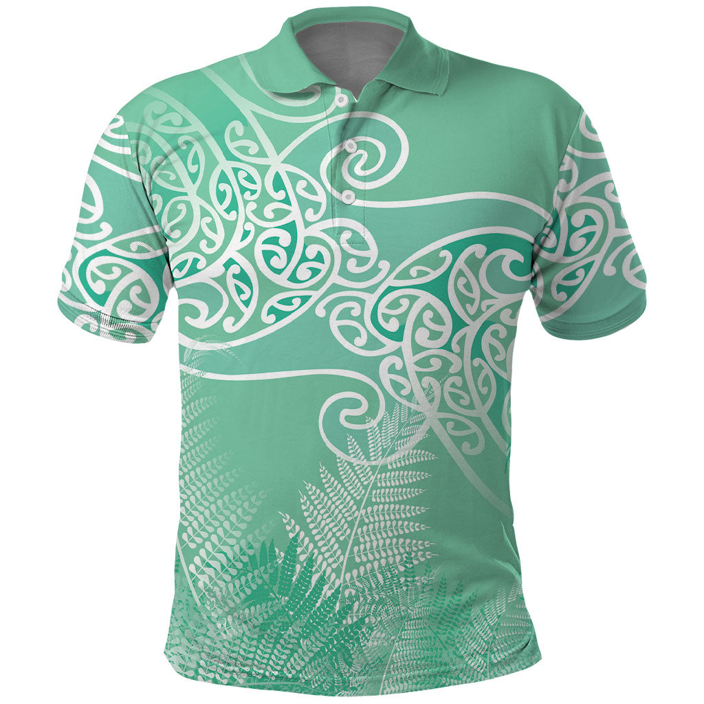 Aotearoa Maori Koru Curves Polo Shirt Silver Ferns - Mint LT7 Mint Green - Polynesian Pride