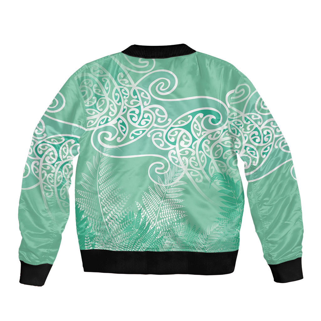 Aotearoa Maori Koru Curves Sleeve Zip Bomber Jacket Silver Ferns - Mint LT7 - Polynesian Pride