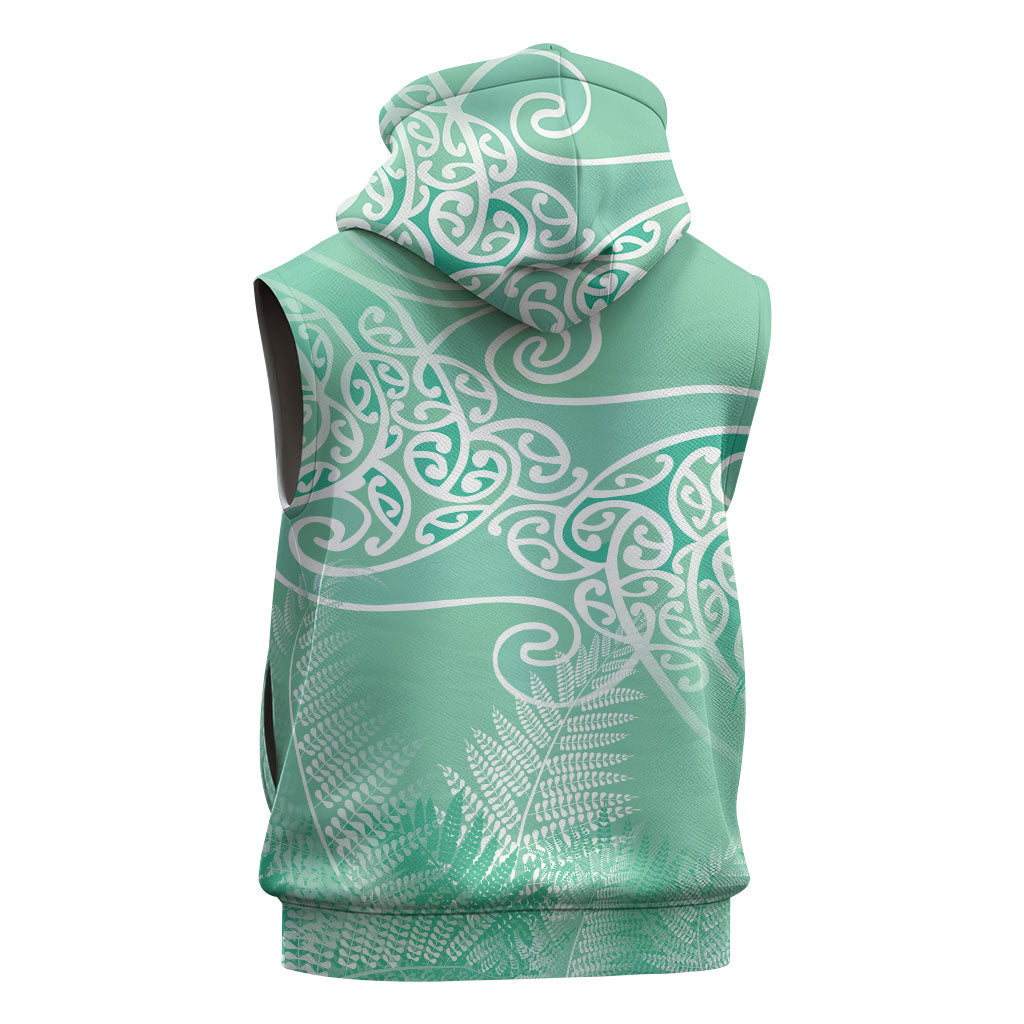 Aotearoa Maori Koru Curves Sleeveless Zip Hoodie Silver Ferns - Mint LT7 - Polynesian Pride