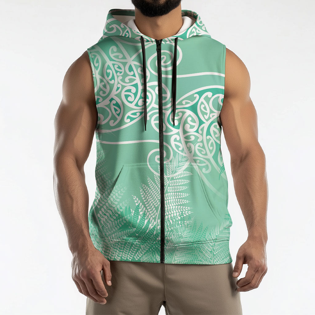 Aotearoa Maori Koru Curves Sleeveless Zip Hoodie Silver Ferns - Mint LT7 - Polynesian Pride