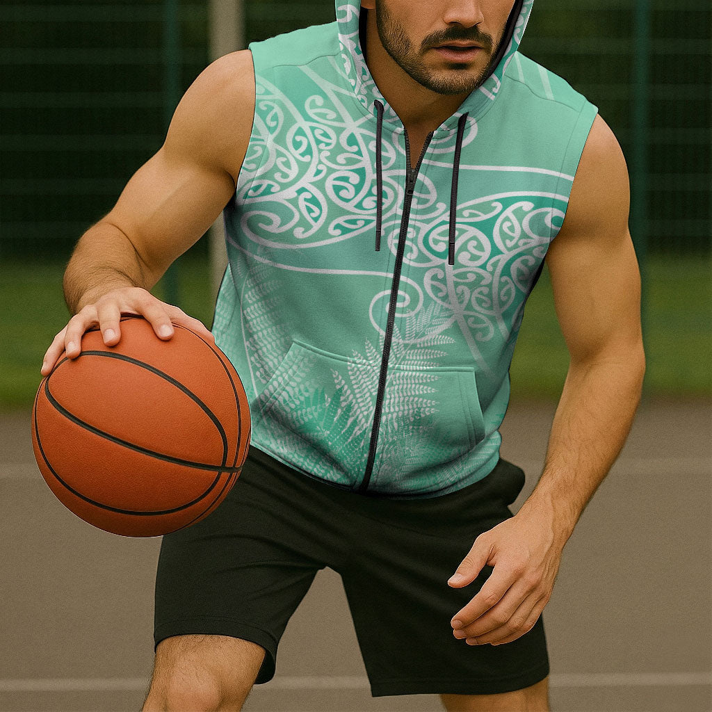 Aotearoa Maori Koru Curves Sleeveless Zip Hoodie Silver Ferns - Mint LT7 - Polynesian Pride
