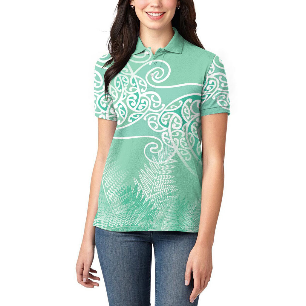Aotearoa Maori Koru Curves Women Polo Shirt Silver Ferns - Mint