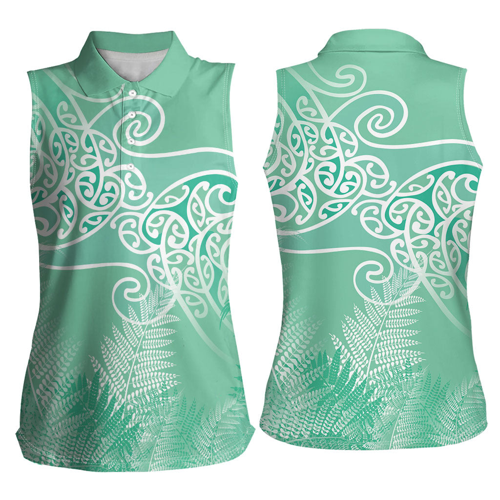 Aotearoa Maori Koru Curves Women Sleeveless Polo Shirt Silver Ferns - Mint