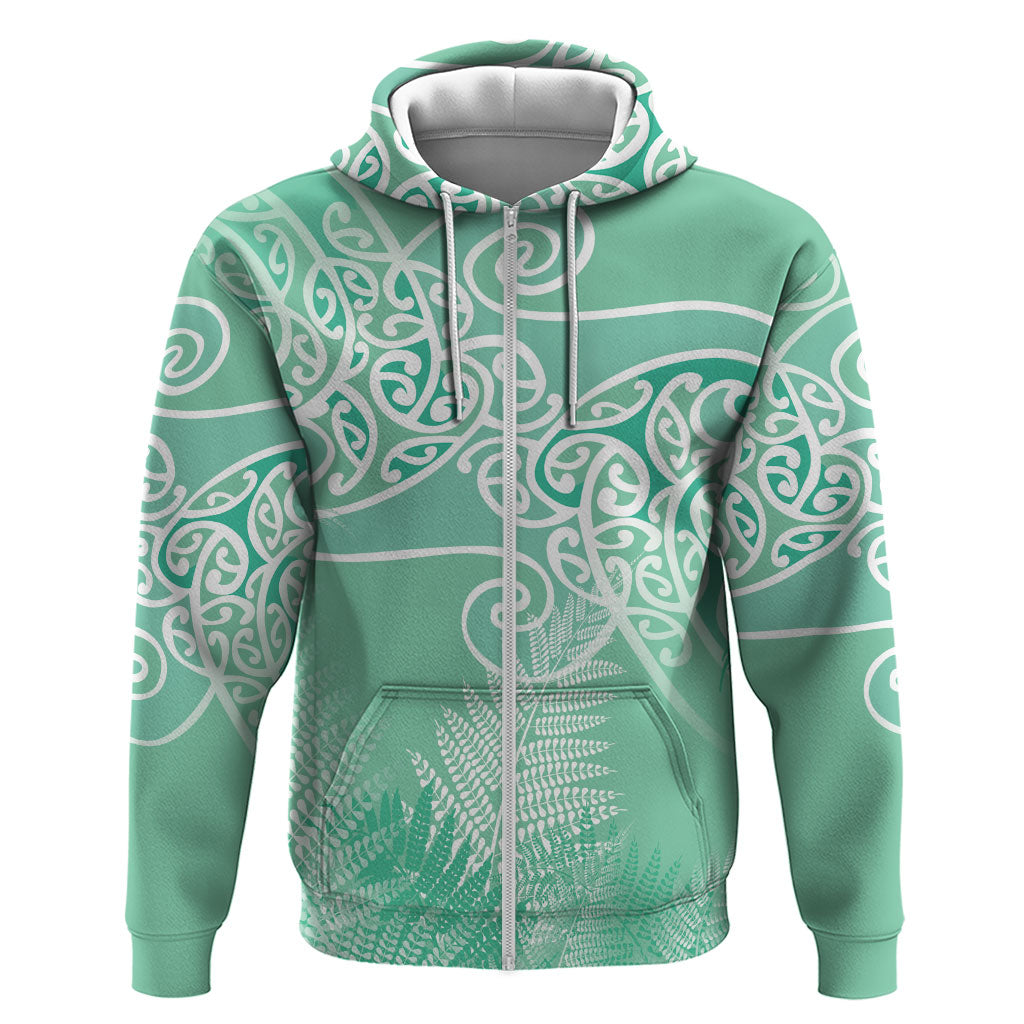 Aotearoa Maori Koru Curves Zip Hoodie Silver Ferns - Mint LT7 Zip Hoodie Mint Green - Polynesian Pride