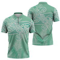 Aotearoa Maori Koru Curves Zipper Polo Shirt Silver Ferns - Mint